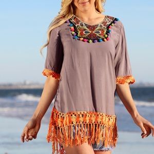 Gray Pom-Pom Fringe Tunic